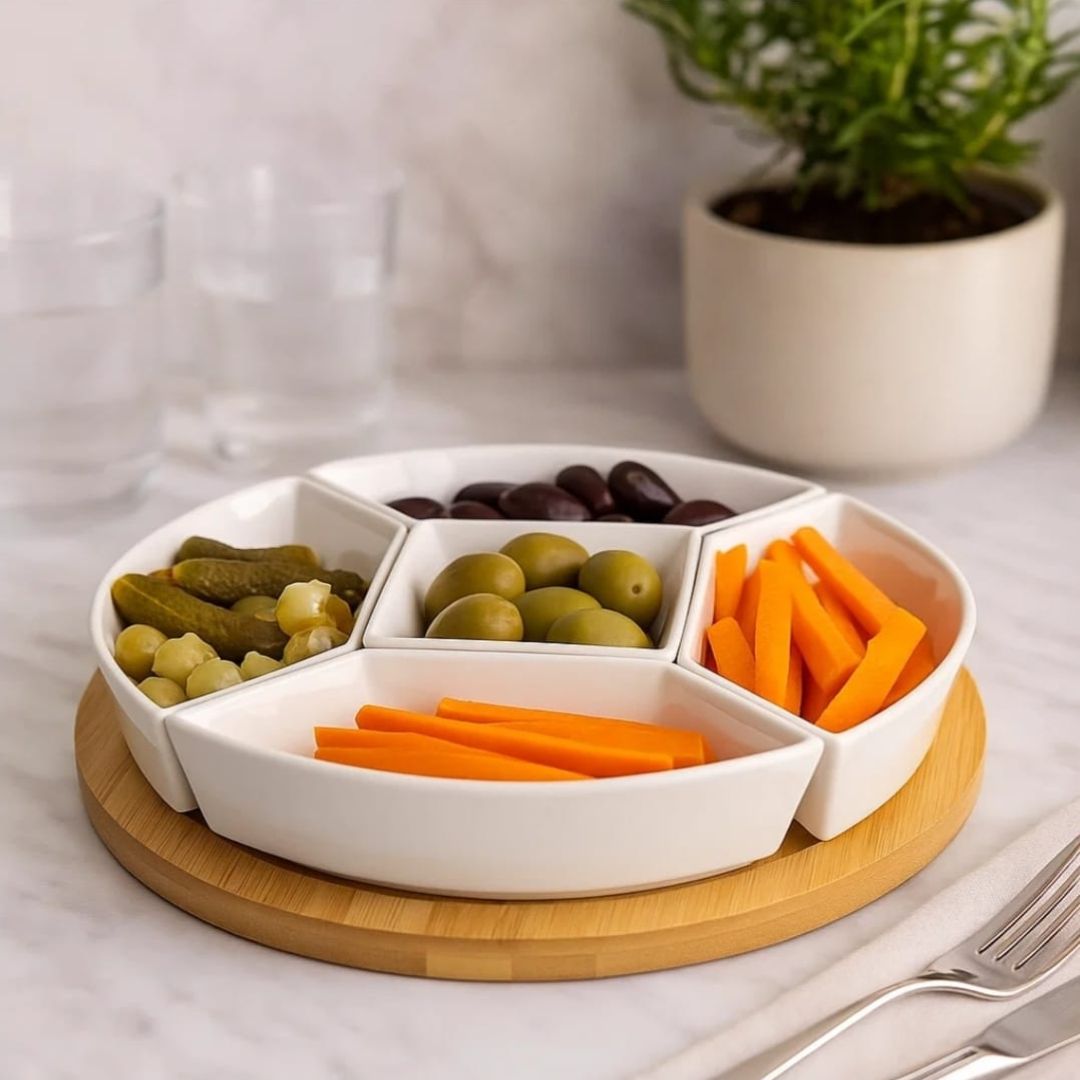 Danny Home 6pc Bamboo Lazy Susan With Ceramic Dishes