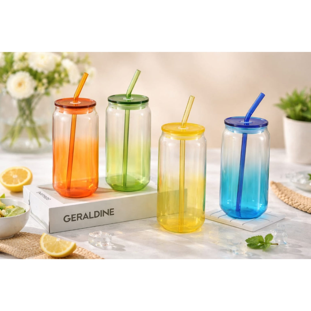 4pc Colourful Glass Can With Lid And Straw 500ml
