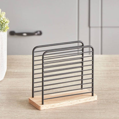 Metal Vertical Napkin Holder With Bamboo Bottom 14x12cm