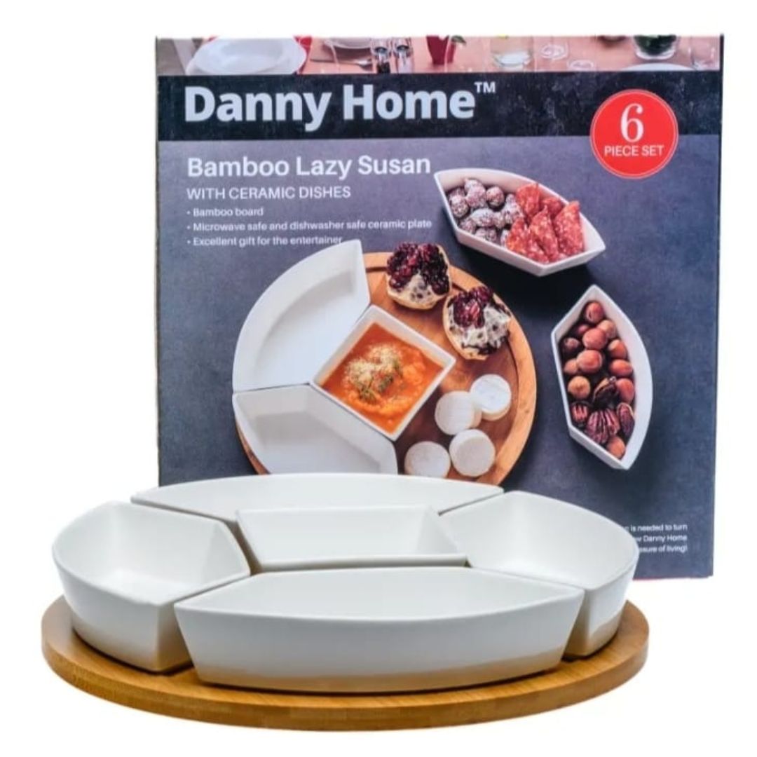 Danny Home 6pc Bamboo Lazy Susan With Ceramic Dishes