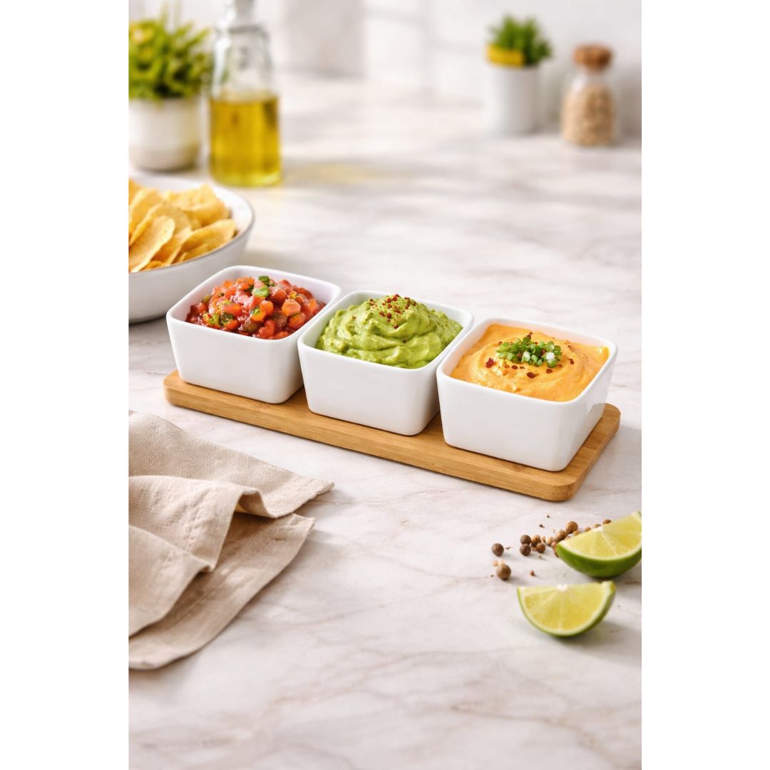3pc Dipping Bowl On Bamboo Tray