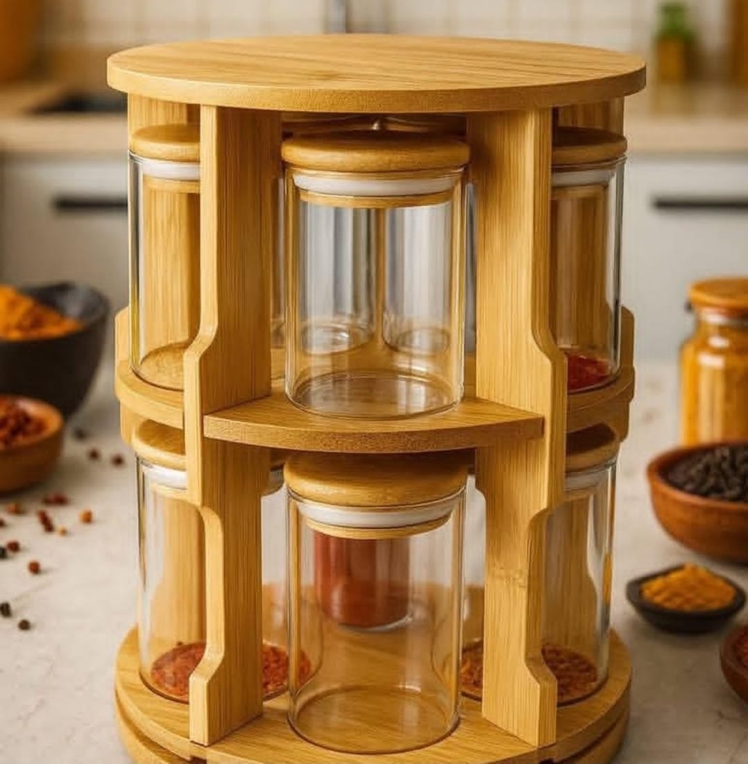 10pc Bamboo Rotating Organiser With Glass Jars