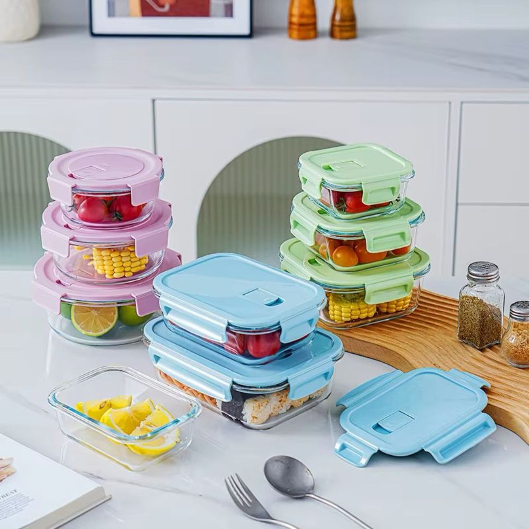 3pc Glass Food Storage With Colour Clip Lid