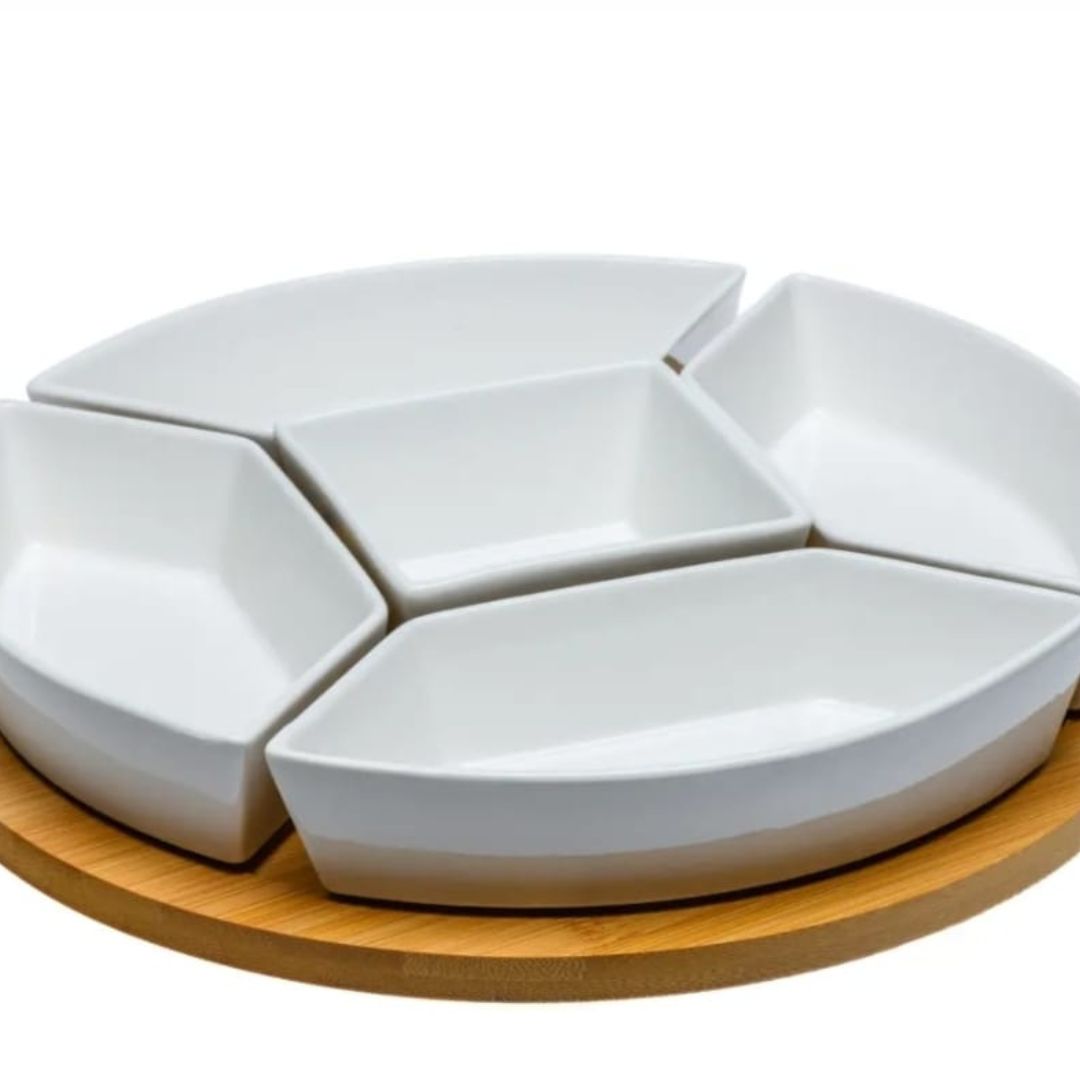 Danny Home 6pc Bamboo Lazy Susan With Ceramic Dishes