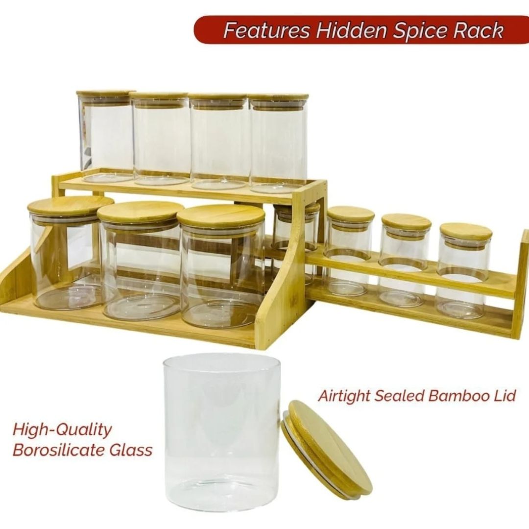 11pc Bamboo Glass Jar On Stand