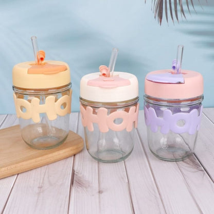 Glass Cup With Straw And Silicone Band 350ml