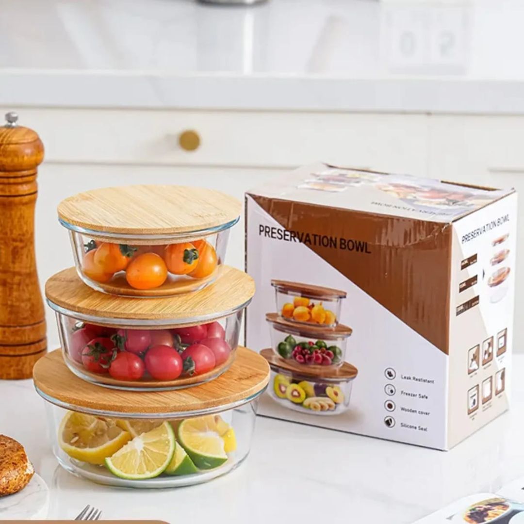 3pc Glass Round Storage With Bamboo Lid
