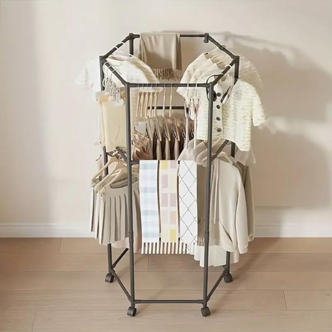 Double Layer Hexagon Clothes Rack With Wheels