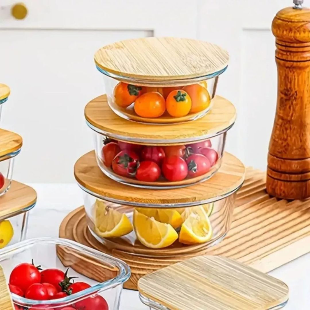 3pc Glass Round Storage With Bamboo Lid