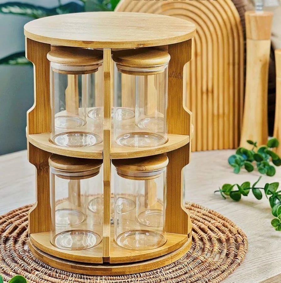 10pc Bamboo Rotating Organiser With Glass Jars
