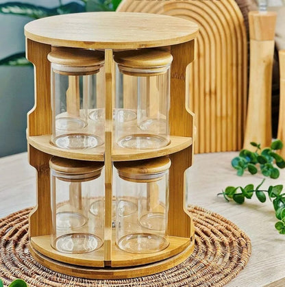 10pc Bamboo Rotating Organiser With Glass Jars