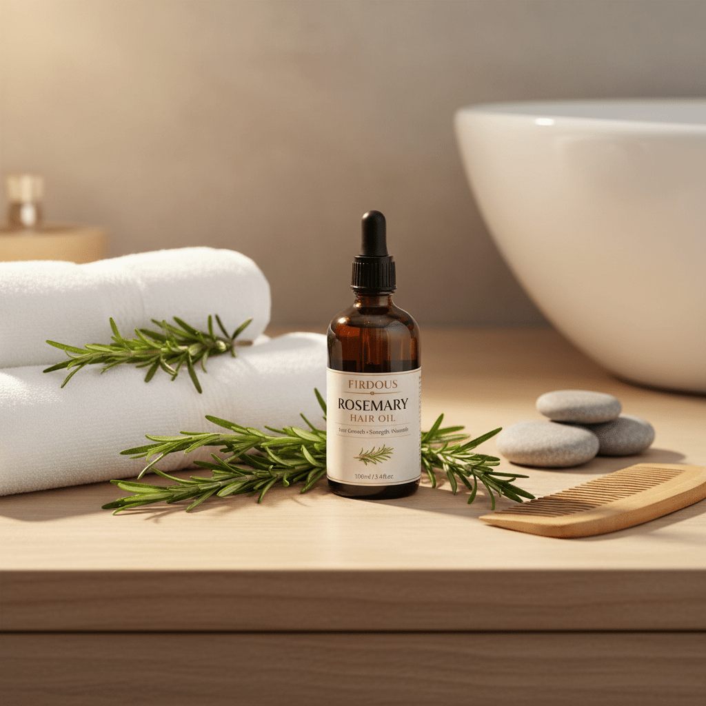 Firdous Rosemary Hair Oil bottle on a wooden surface with rosemary leaves and a comb.