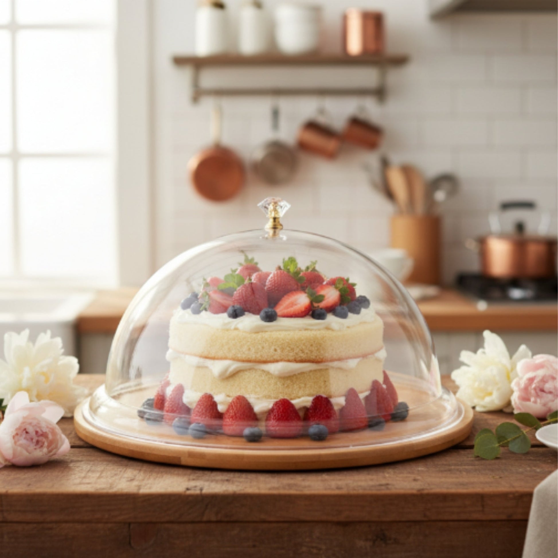 Round Acrylic Cake Dome With Bamboo Base and Crystal Knob - Large