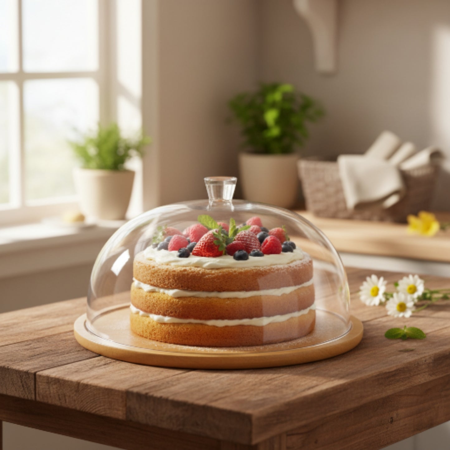 Round Acrylic Cake Dome With Wooden Base Lifestyle