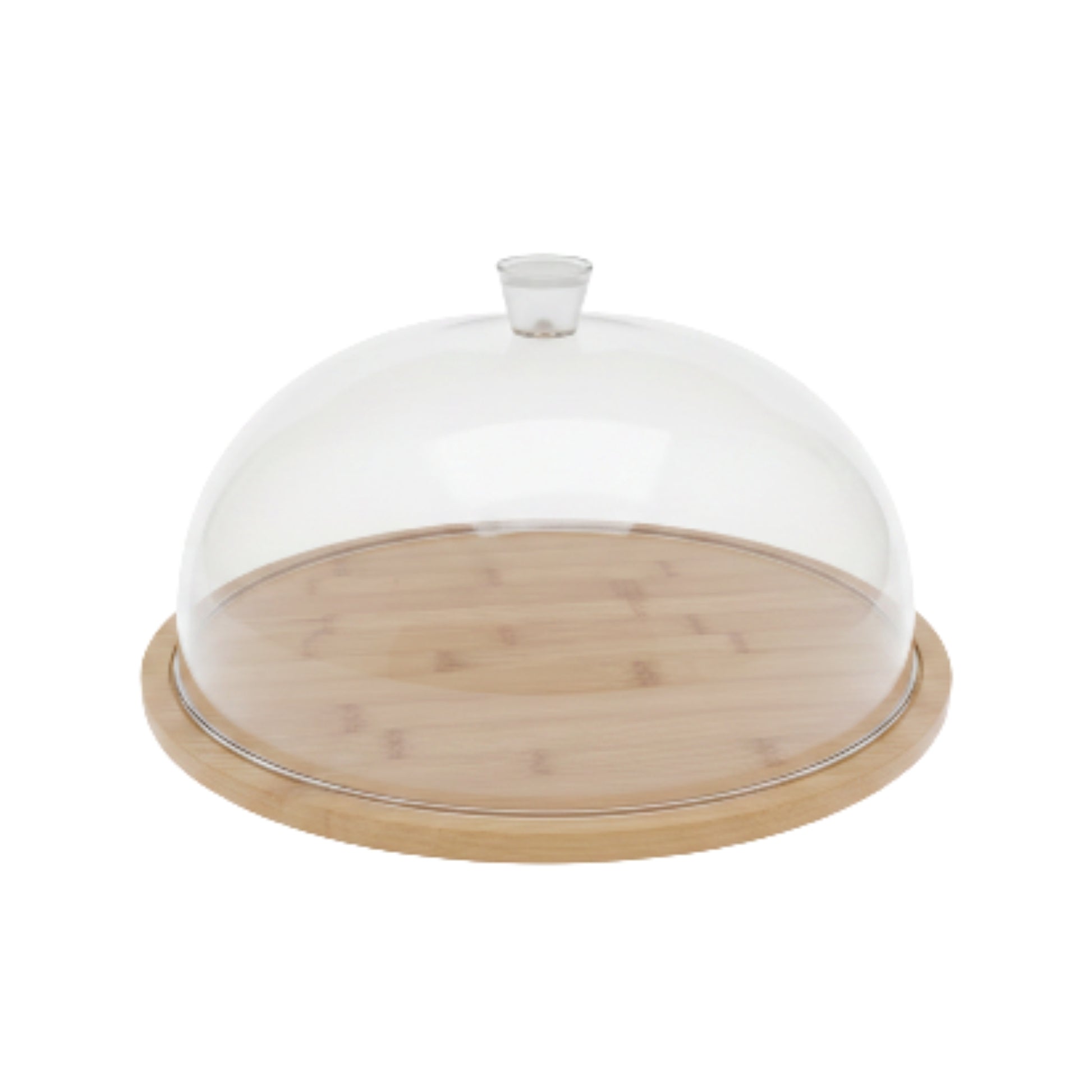 Round Acrylic Cake Dome With Wooden Base On White Background