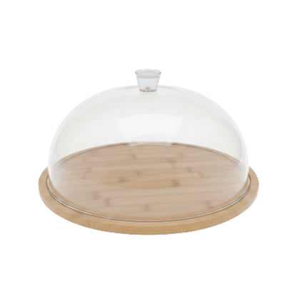 Round Acrylic Cake Dome With Wooden Base On White Background