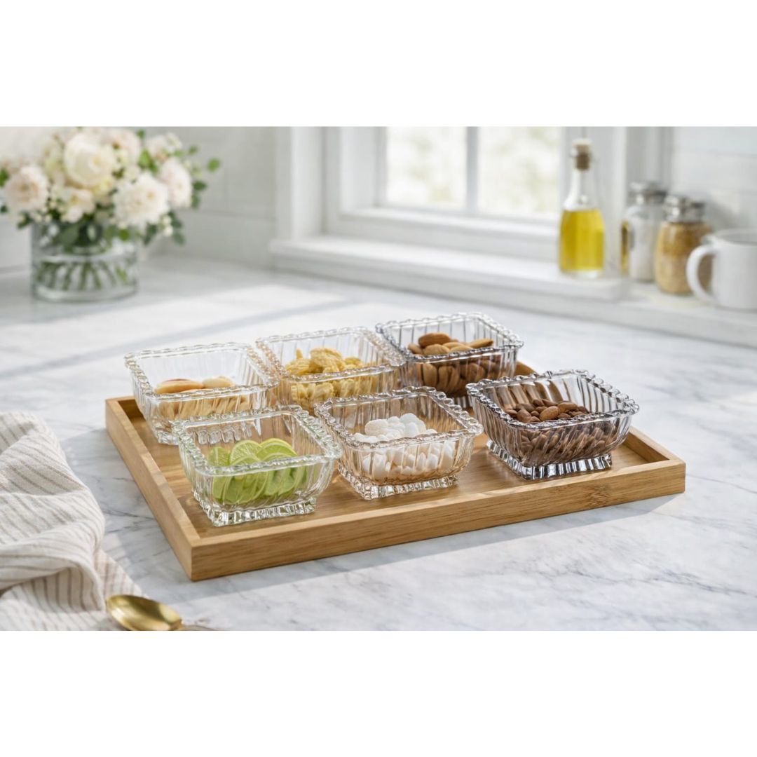 Royal Glass Bowl Set On Bamboo Tray