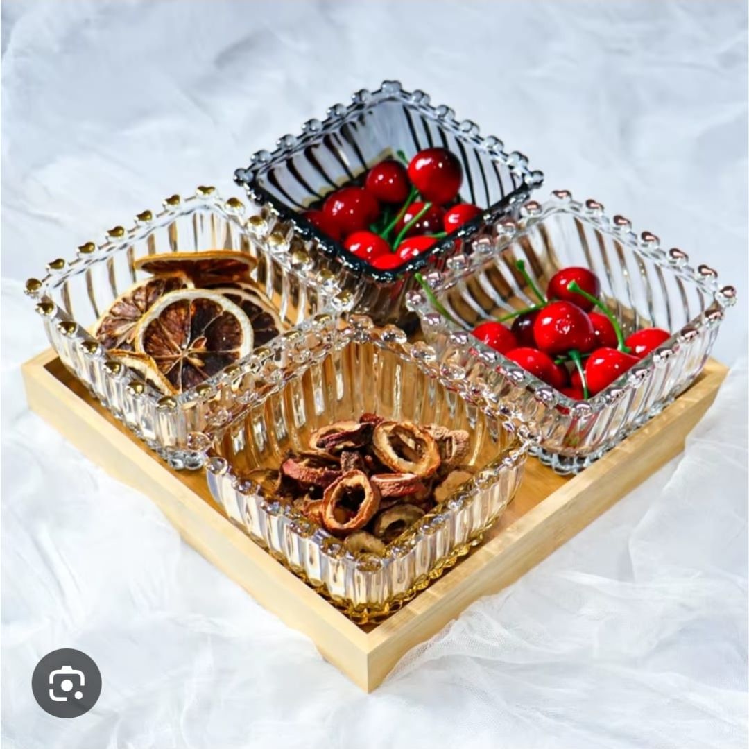 Royal Glass Bowl Set On Bamboo Tray