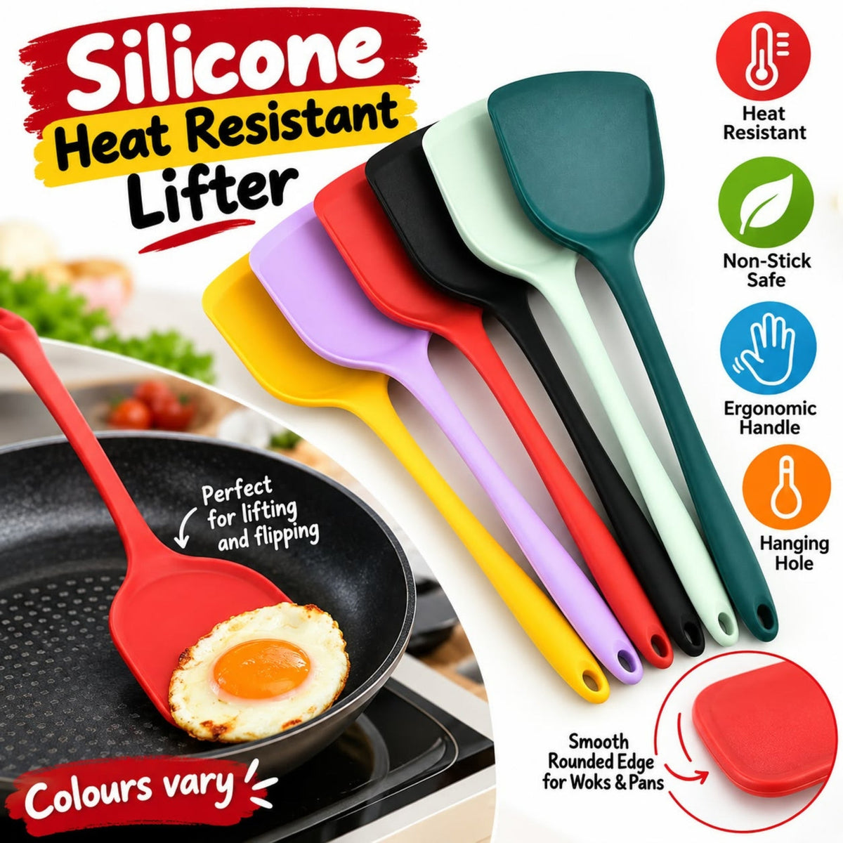 Silicone Lifter – Heat Resistant Cooking Utensil With Long Handle & Hanging Hole – Non-Stick Cookware Safe