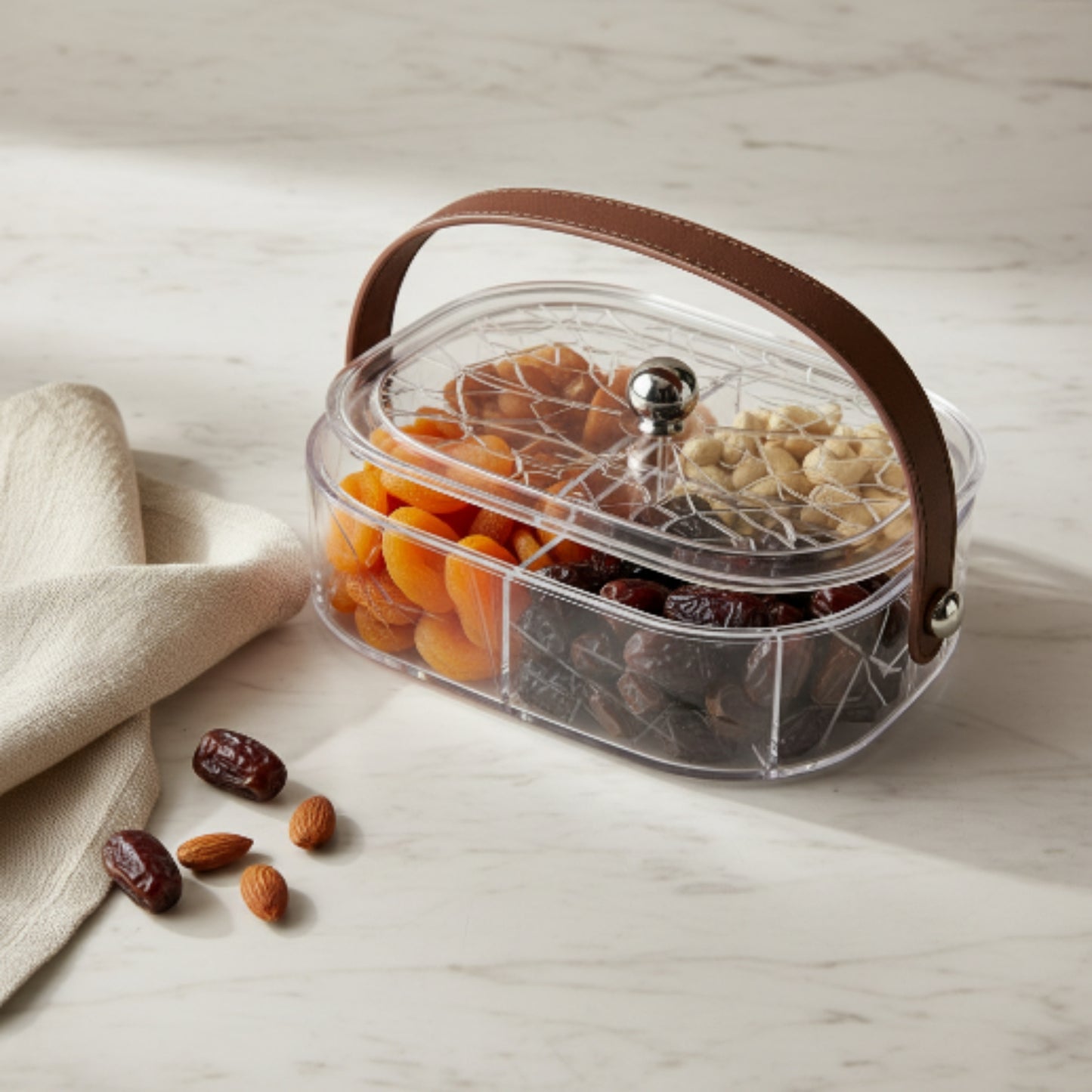 Single Layer Square Acrylic Snack Box With Linear Abstract Design Lifestyle