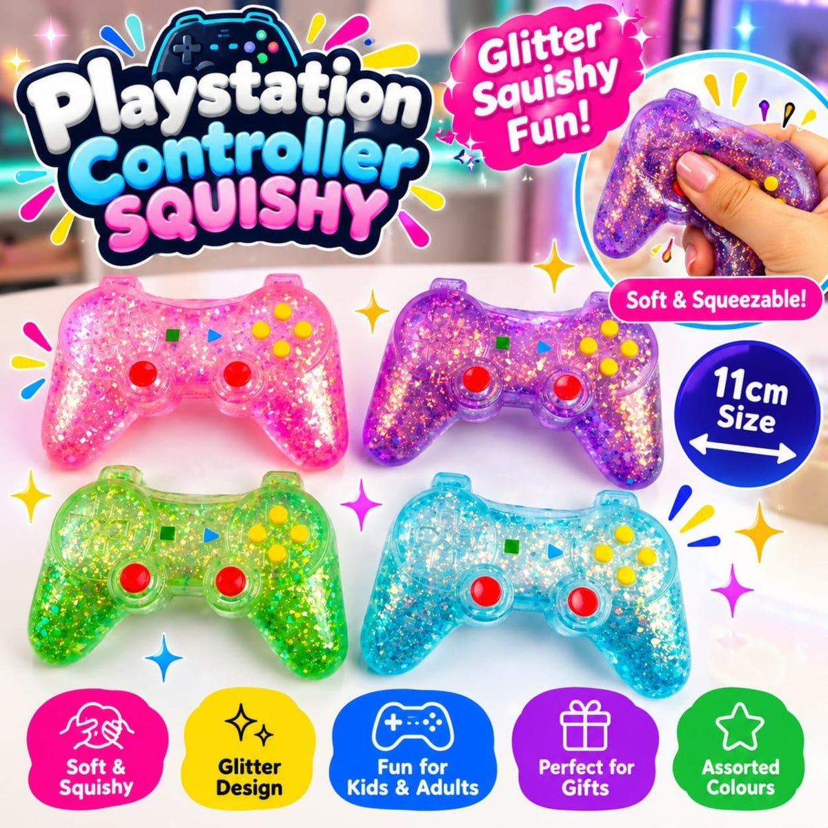Slow Rising Glitter PlayStation Controller Squishy – Soft Squeeze Stress Relief Fidget Toy
