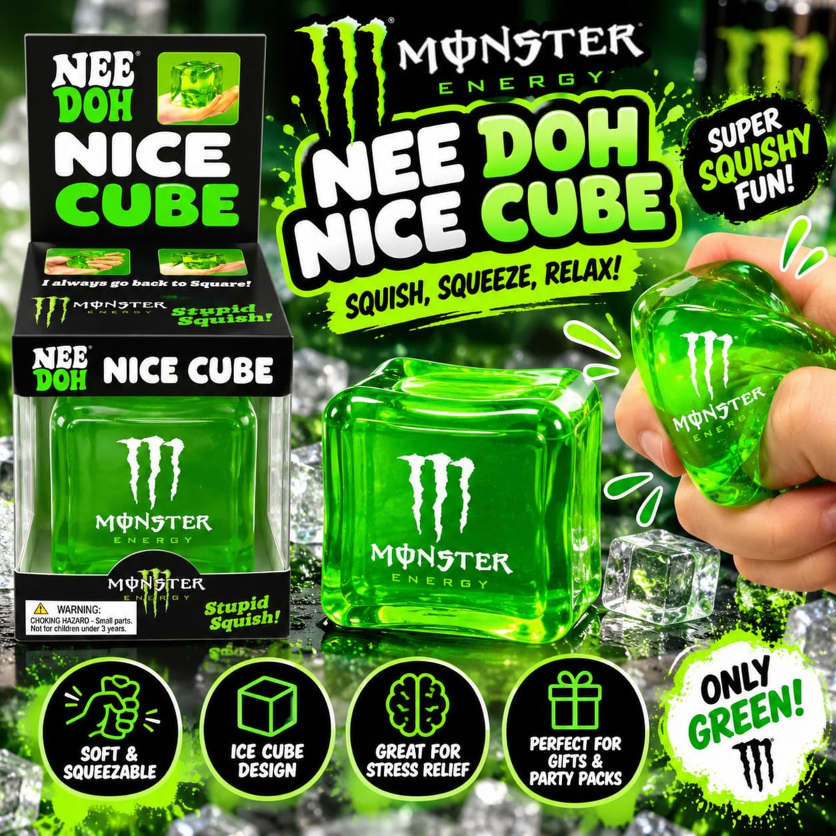 Green Slow Rising Monster Needoh Cube Soft Squeeze Stress Relief Fidget Toy 4.5cm