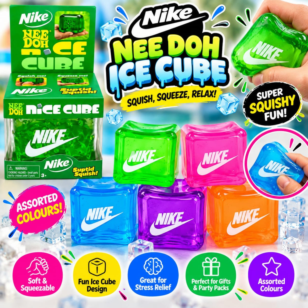 Slow Rising Nike-Inspired Needoh Cube Soft Squeeze Fidget Toy 4cm in Assorted Colours