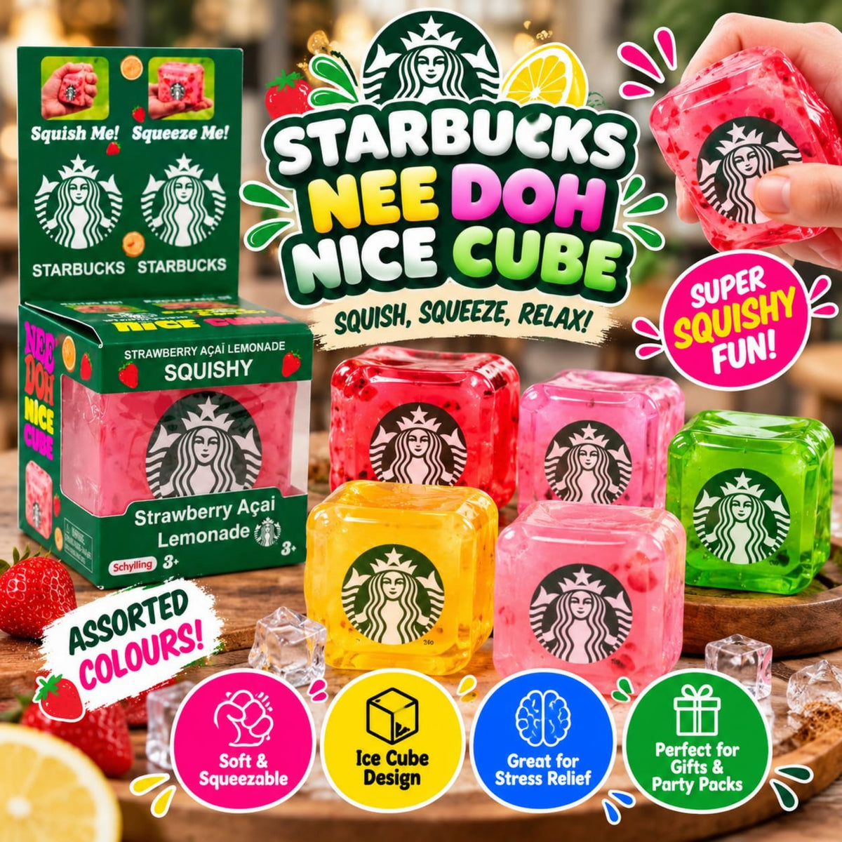 Slow Rising Starbucks Needoh Cube Soft Squeeze Stress Relief Fidget Toy 4.5cm in Assorted Colours