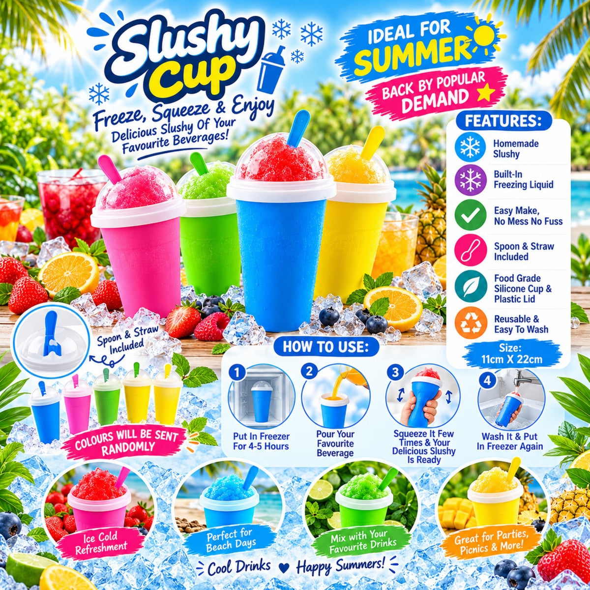 Slushy Cup – Reusable Freezing Cup With Squeeze Design – DIY Frozen Drink Maker