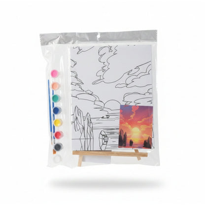 Small Canvas With Easel Board And Paint Set - Mountain Sunset