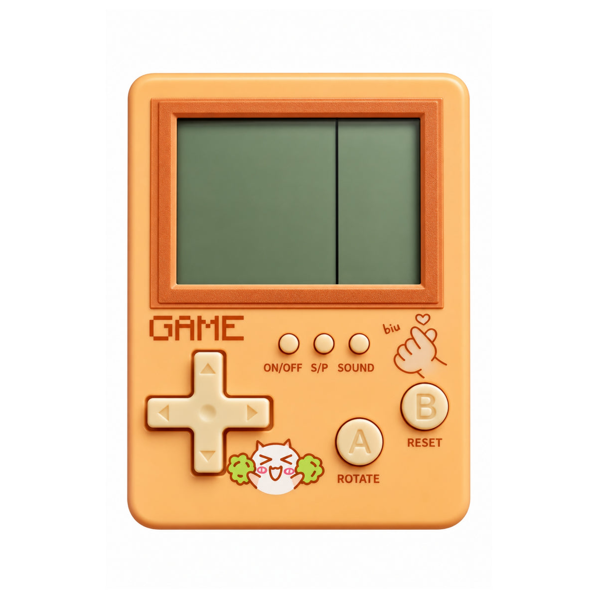 Small Handheld Game Console with Built-In Games Speaker and Battery-Operated Portable Design 11.5 × 8cm Orange On White Background