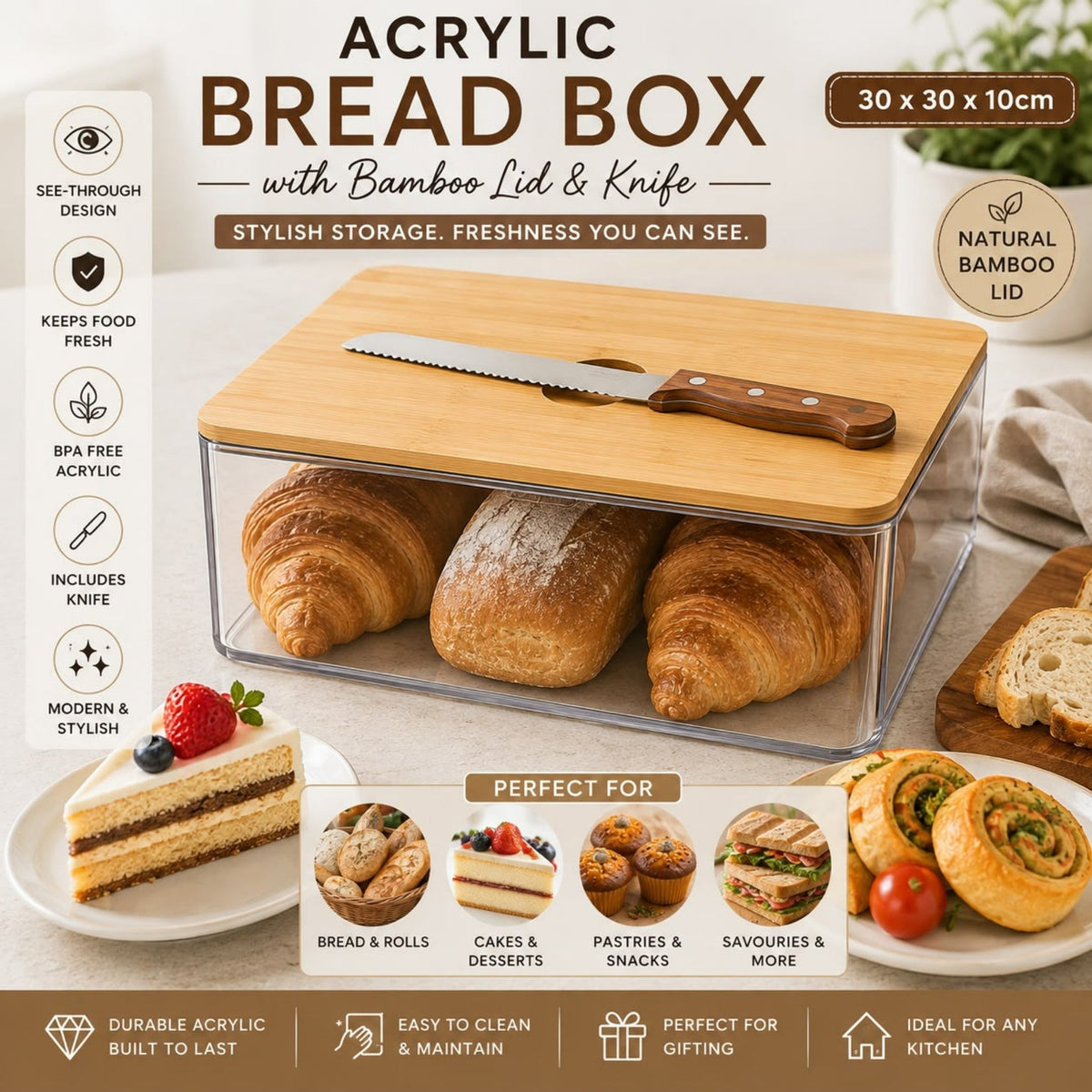 Square Acrylic Bread Box – Clear Storage Container with Bamboo Lid and Bread Knife
