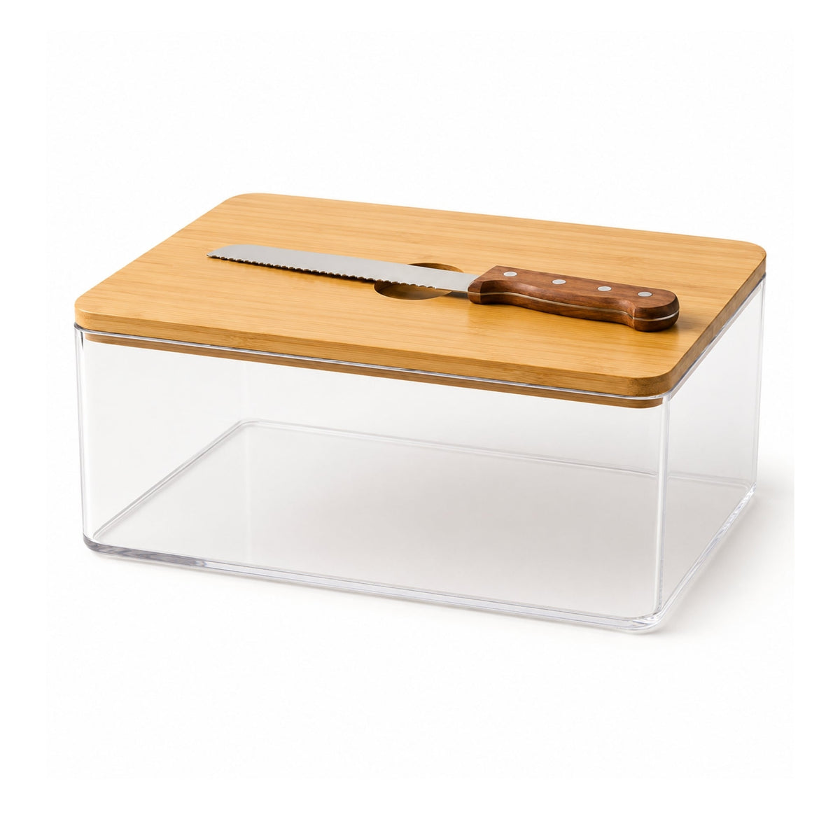 Square Acrylic Bread Box – Clear Storage Container with Bamboo Lid and Bread Knife