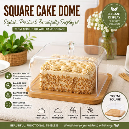 Square Acrylic Cake Dome – Clear Cover With Wooden Serving Base – Elegant Food Display Design