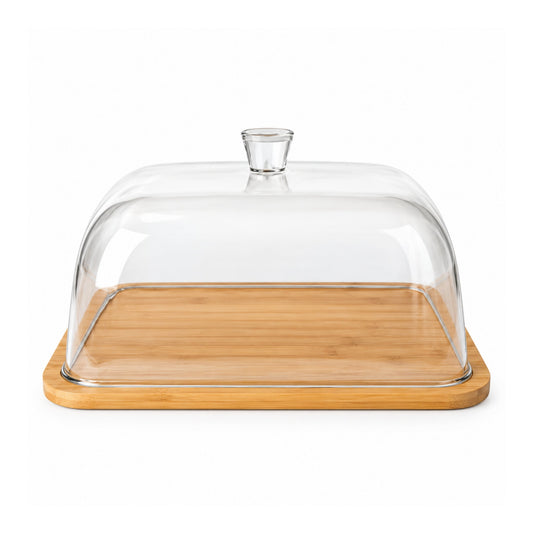 Square Acrylic Cake Dome – Clear Cover With Wooden Serving Base – Elegant Food Display Design
