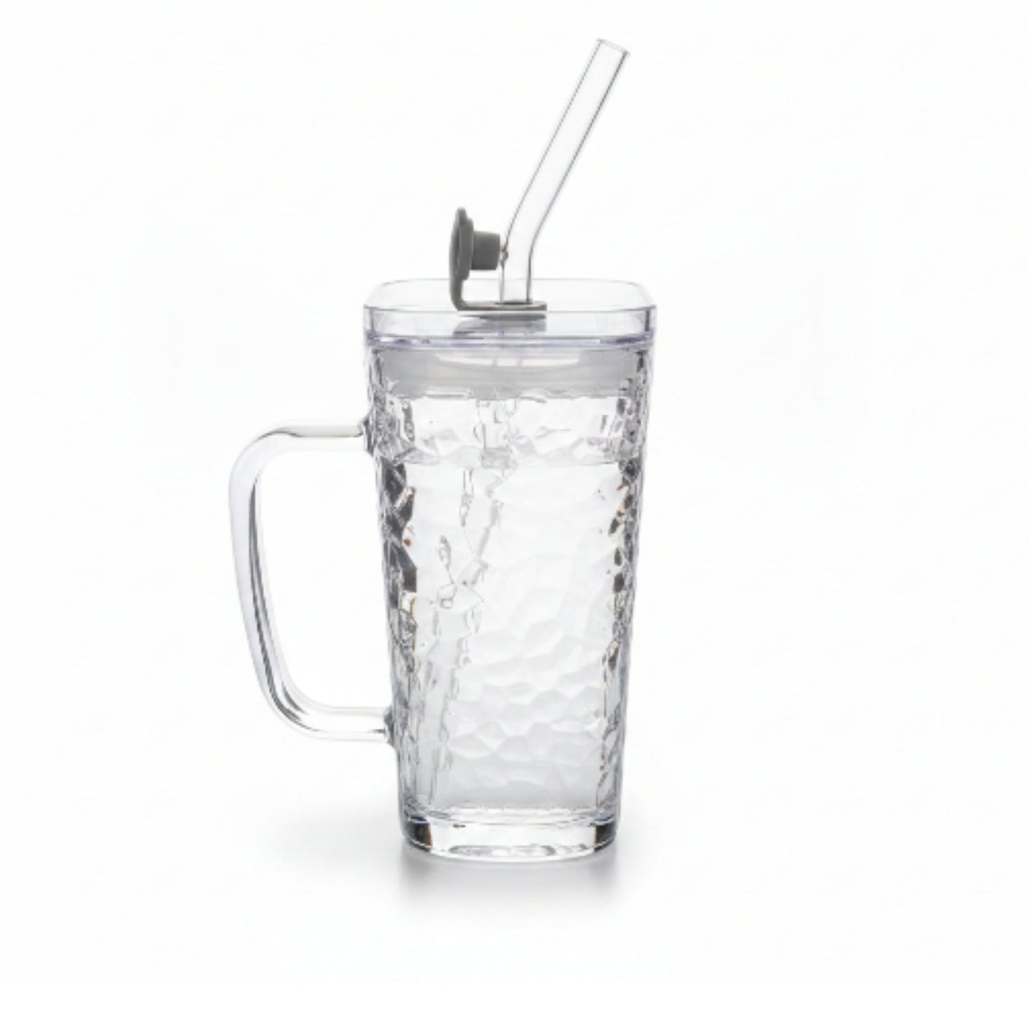 Square Glass Can With Handle, Plastic Lid & Straw 380ml - Hammered