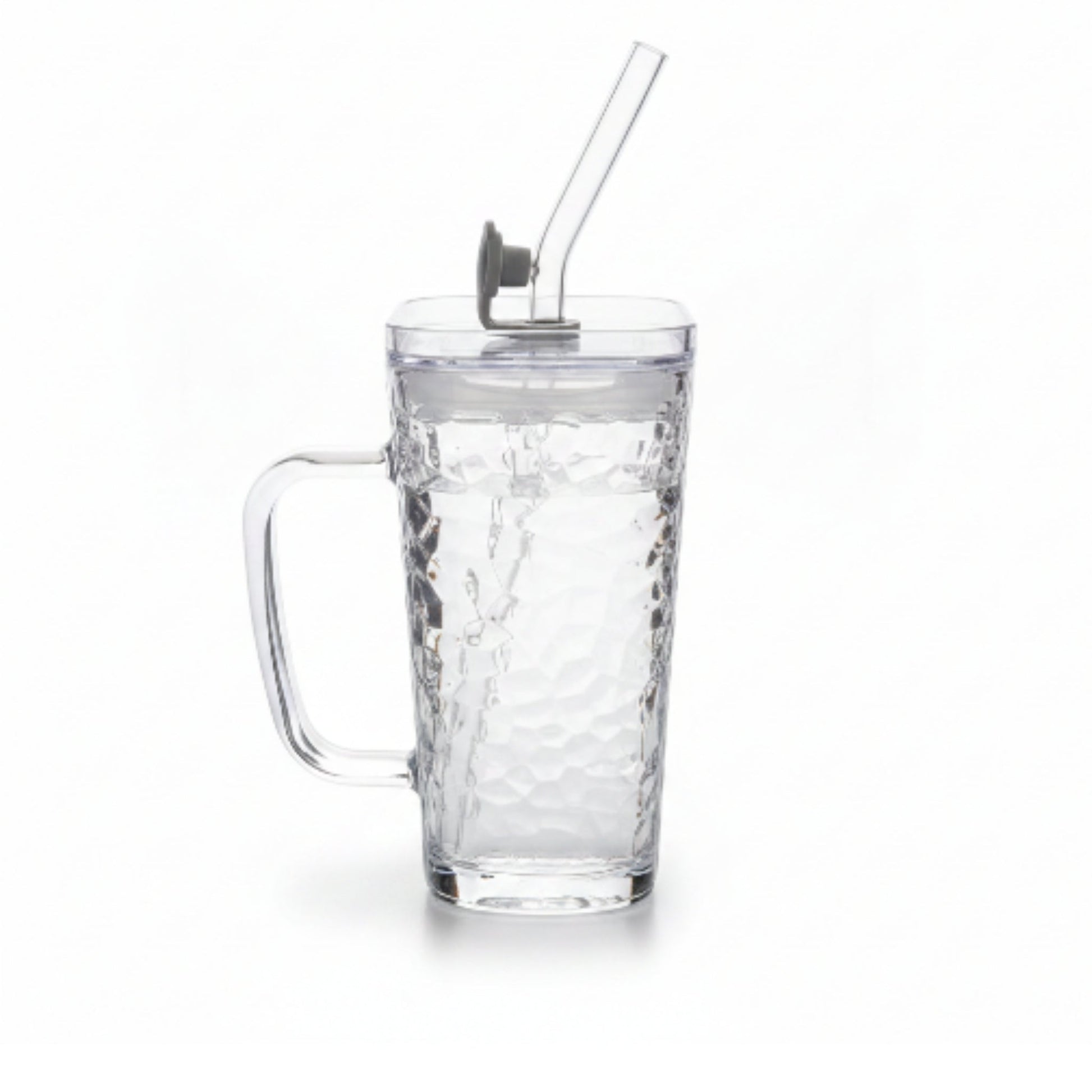 Square Glass Can With Handle, Plastic Lid & Straw 380ml - Hammered