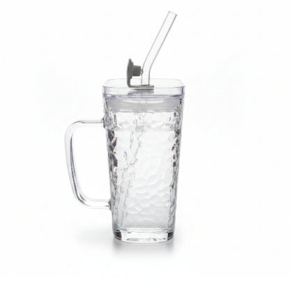 Square Glass Can With Handle, Plastic Lid & Straw 380ml - Hammered