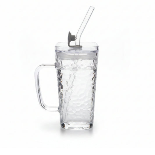 Square Glass Can With Handle, Plastic Lid & Straw 380ml - Hammered