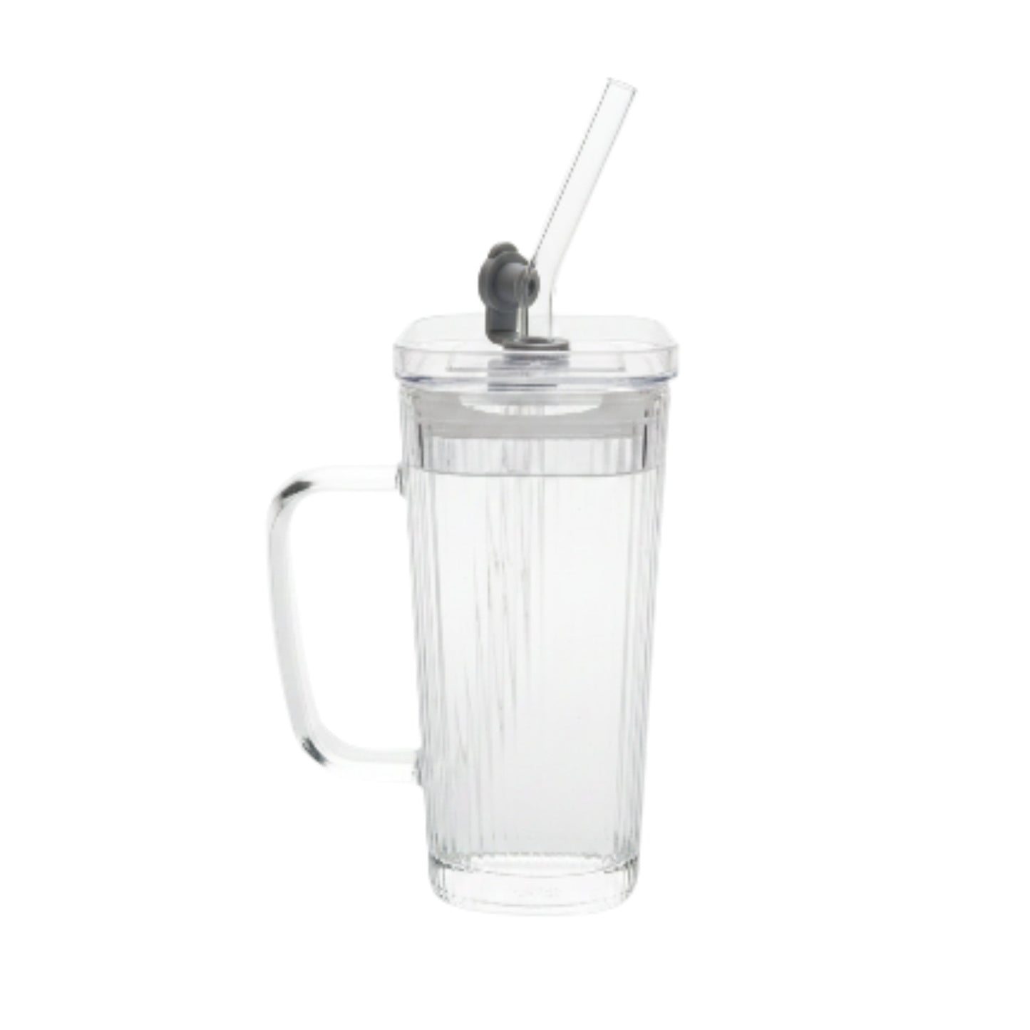 Square Glass Can With Handle, Plastic Lid & Straw 380ml - Striped