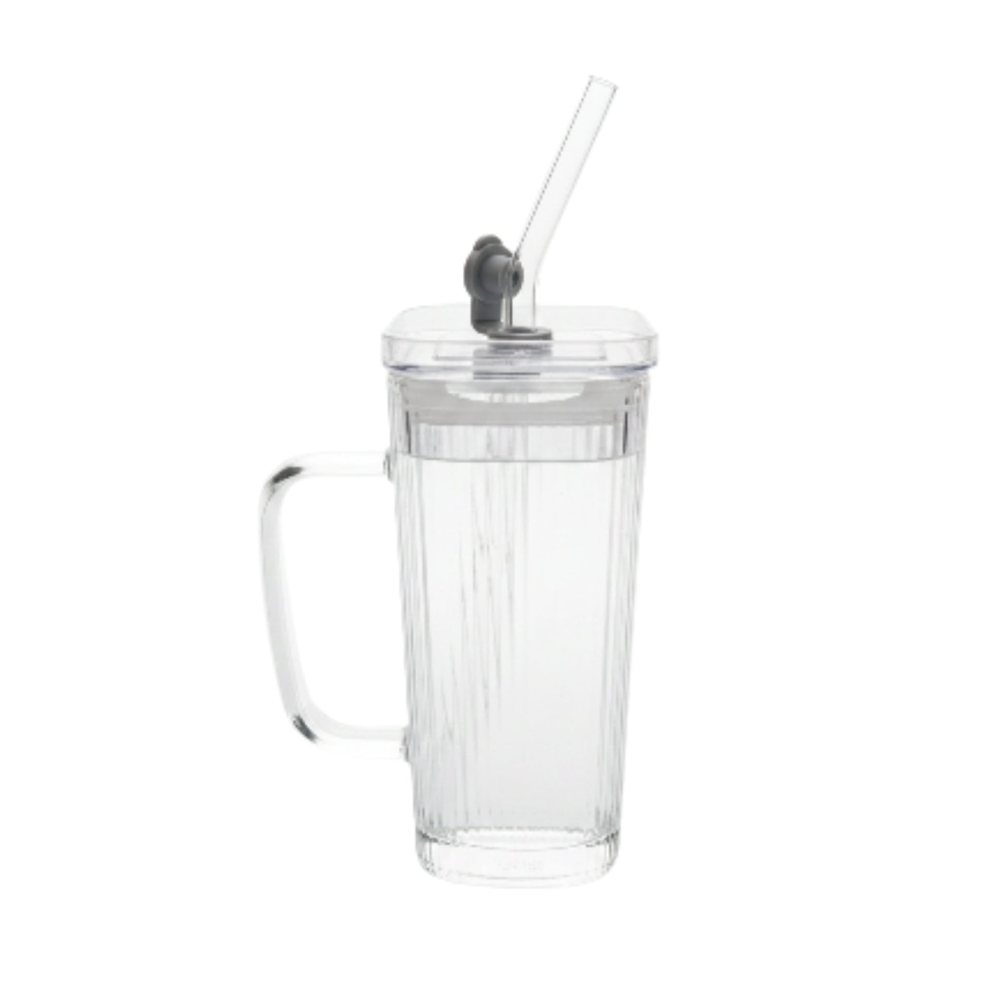 Square Glass Can With Handle, Plastic Lid & Straw 380ml - Striped