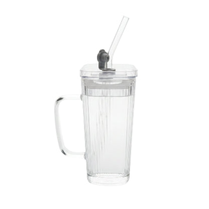 Square Glass Can With Handle, Plastic Lid & Straw 380ml - Striped