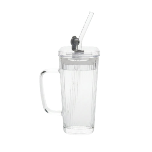 Square Glass Can With Handle, Plastic Lid & Straw 380ml - Striped