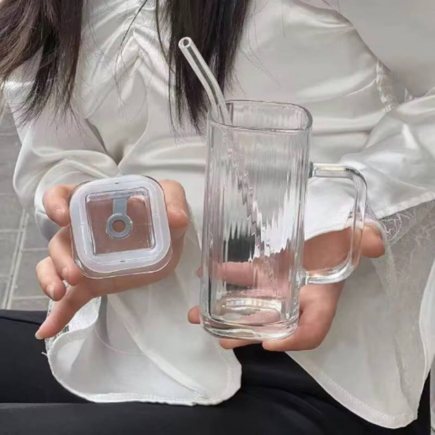 Square Glass Can With Handle, Plastic Lid & Straw 380ml - Striped
