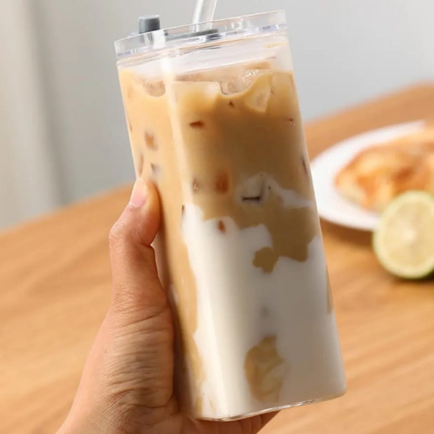 Square Glass Can With Straw - No Handle 380ml