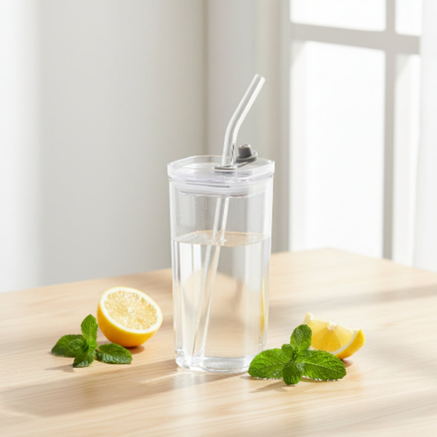 Square Glass Can With Straw - No Handle 380ml