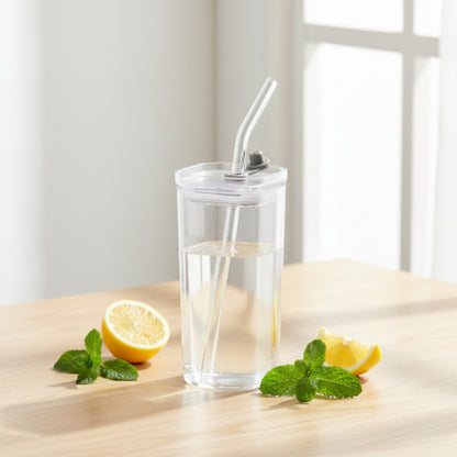 Square Glass Can With Straw - No Handle 380ml