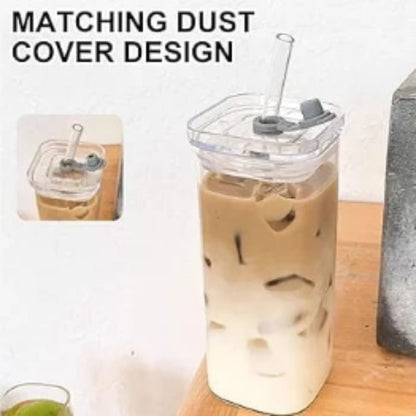 Square Glass Can With Straw - No Handle 380ml