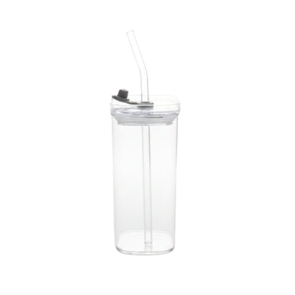 Square Glass Can With Straw - No Handle 380ml