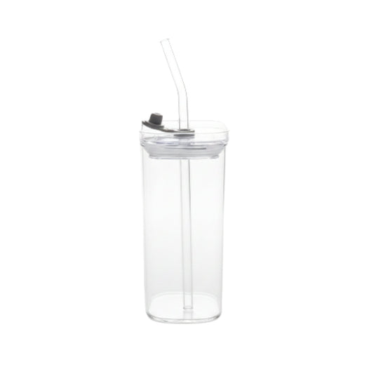 Square Glass Can With Straw - No Handle 380ml
